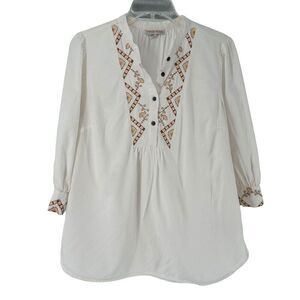 Knox Rose Bohemian Top White Embroidered 3/4 Sleeve Size M Peasant Popover Top